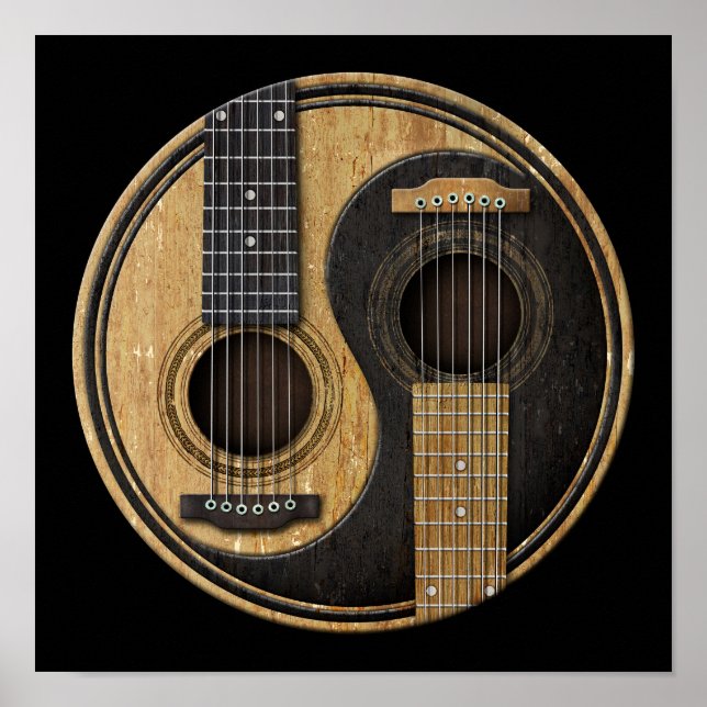 Affiches Guitares acoustiques anciennes et usées Yin Yang (Devant)