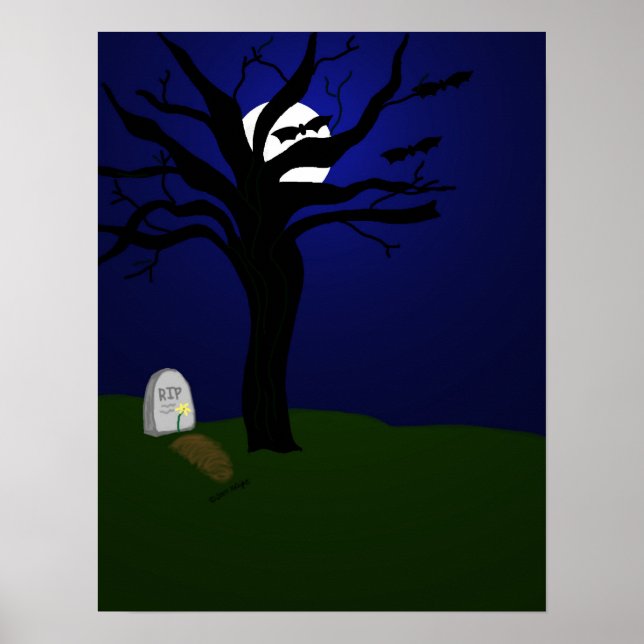 Affiches Halloween cimetière avec chauve-souris (Devant)