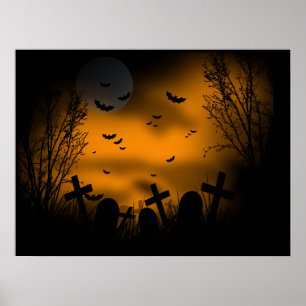 Affiches Halloween Graveyard avec chauves-souris et pierres