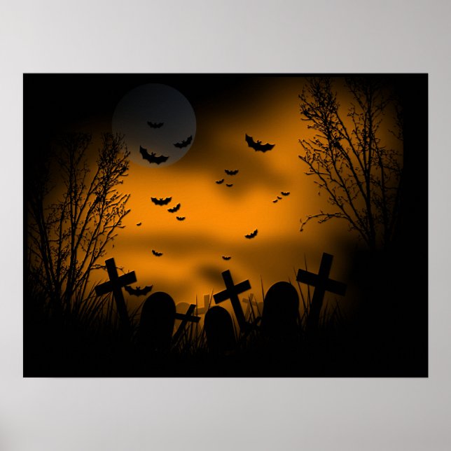 Affiches Halloween Graveyard avec chauves-souris et pierres (Devant)