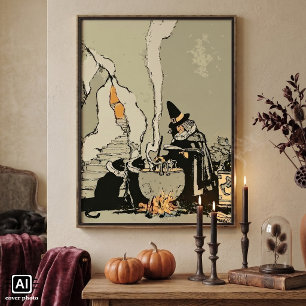 Affiches Halloween vintage, sorcière avec chaudron et chats
