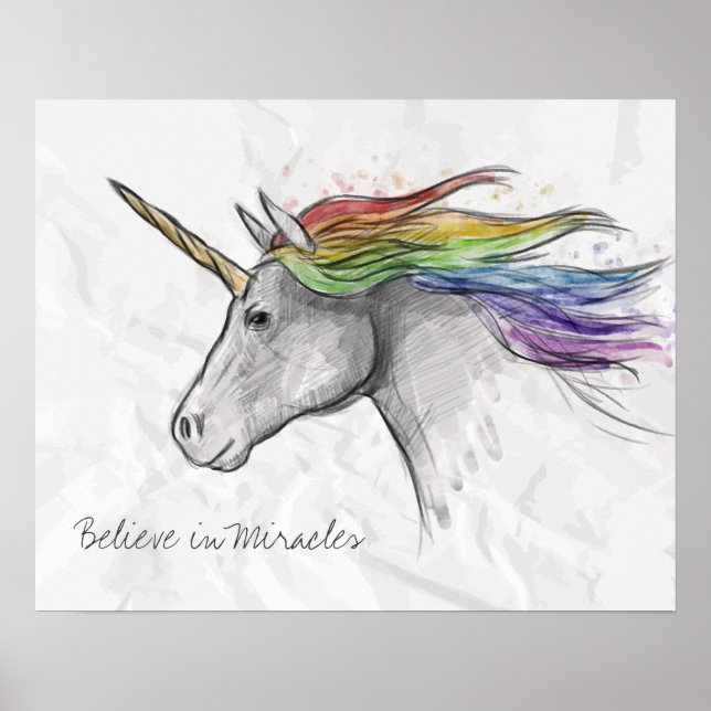 Affiches Hand Drawn Magical Unicorn. Believe in Miracles. (Devant)