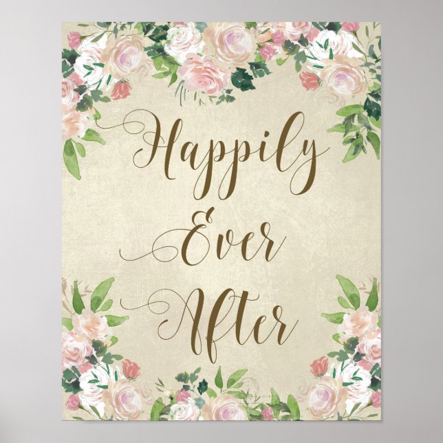 Affiches happily ever after vintage roses wedding sign (Devant)