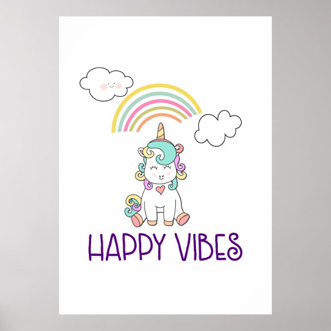 Affiches Happy Vibes Typographie Awesome Rainbow Unicorn (Devant)