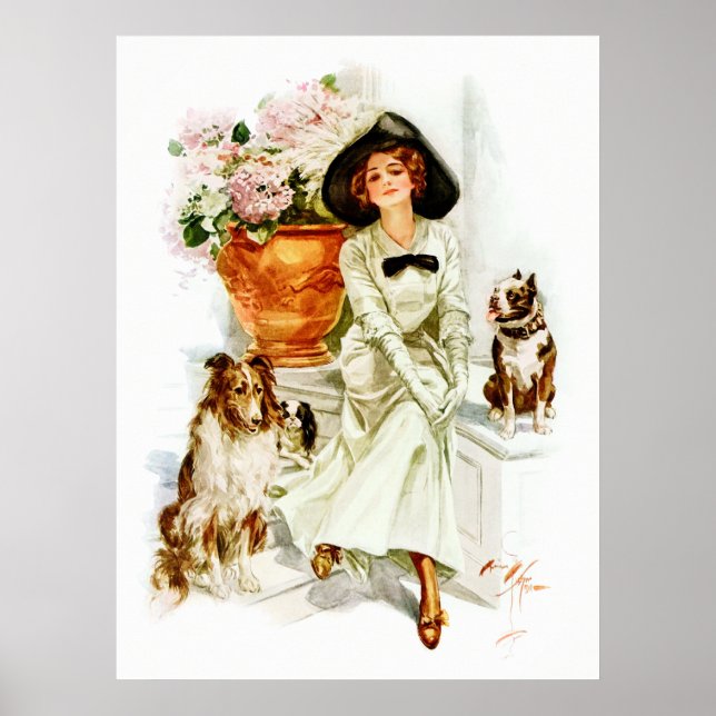 Affiches Harrison Fisher : Une femme avec trois chiens (Devant)