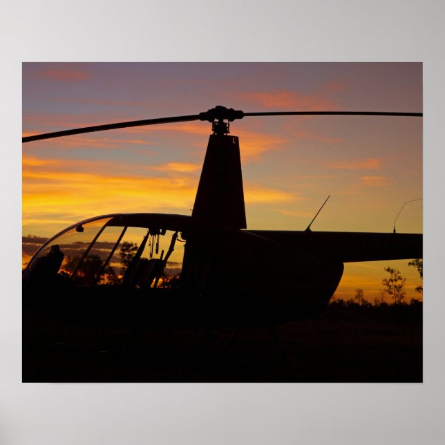 Affiches hélicoptère Robinson R44 au coucher du soleil (Devant)