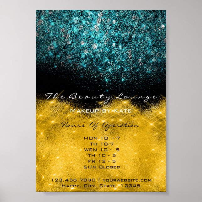 Affiches Heures d'ouverture Gold Black White Confetti Turqu (Devant)