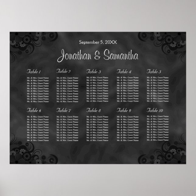 Affiches Hibiscus Black 10 Tables Wedding Seating Chart (Devant)
