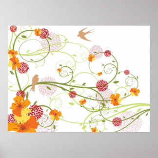 Affiches Hibiscus et hirondelles Jardin floral élégant