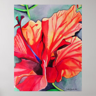 Affiches Hibiscus rouge fleurs tropicales aquarelle art