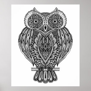Affiches Hibou fleuri tiré par la main inspiré 2