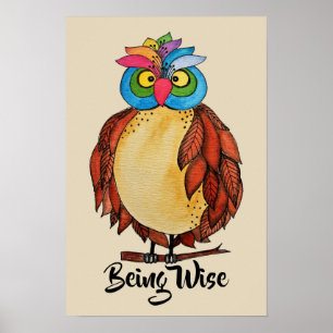 Affiches Hibou magique d'aquarelle avec des plumes