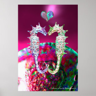 AFFICHES HIPOCAMPES AMOUREUX ROSE FUCHSIA MÈRE DE PERLE
