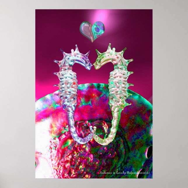 AFFICHES HIPOCAMPES AMOUREUX ROSE FUCHSIA MÈRE DE PERLE (Devant)
