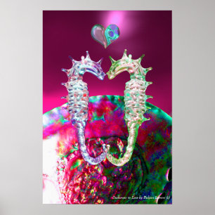 AFFICHES HIPOCAMPES AMOUREUX ROSE FUCHSIA MÈRE DE PERLE