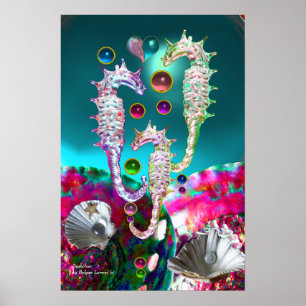 AFFICHES HIPOCAMPES , ROSE TEINTÉ DE BLEU MÈRE PERLE