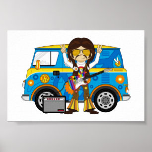 Affiches Hippie Boy avec Guitare & Camper Van