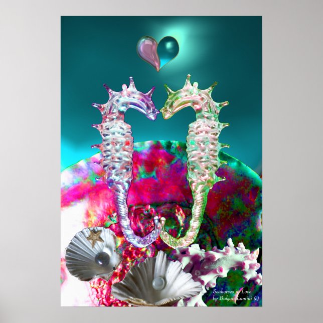 AFFICHES HIPPOCAMPES AMOUREUX, PERLE ROSE TEAL BLEUE (Devant)