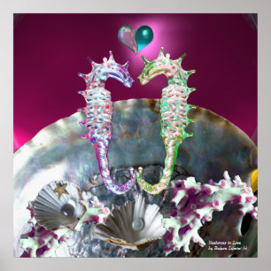 AFFICHES HIPPOCAMPES AMOUREUX, PERLE ROSE TURQUOISE BLEUE