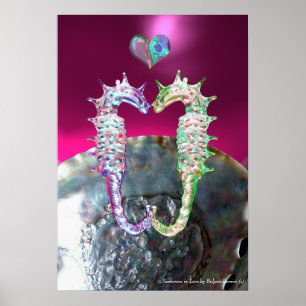 AFFICHES HIPPOCAMPES AMOUREUX PINK FUCHSIA MÈRE DE PERLE