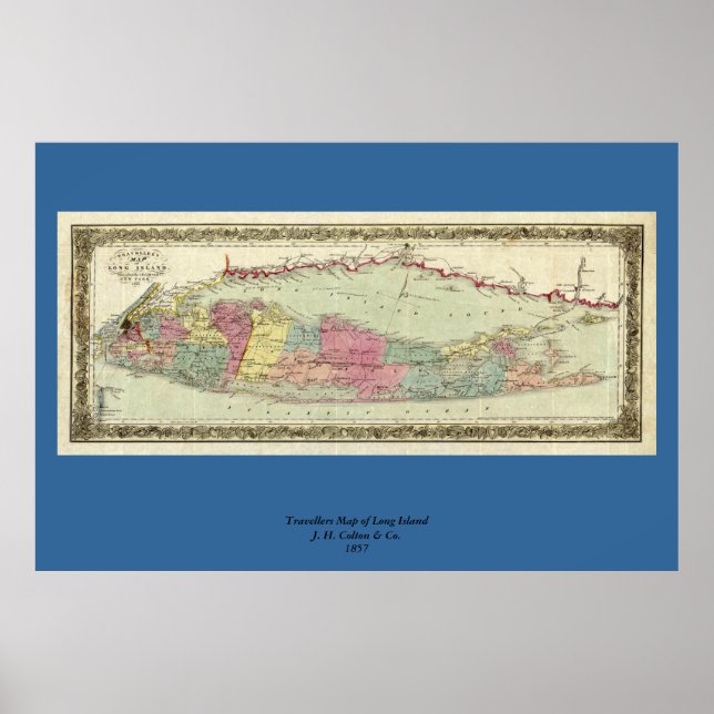 Affiches Historic 1855-1857 Travellers Map of Long Island (Devant)