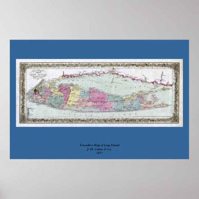 Affiches Historic 1855-1857 Travellers Map of Long Island (Devant)