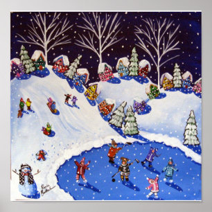 Affiches Hiver Plaisir Patineur sur glace Enfants traîneau