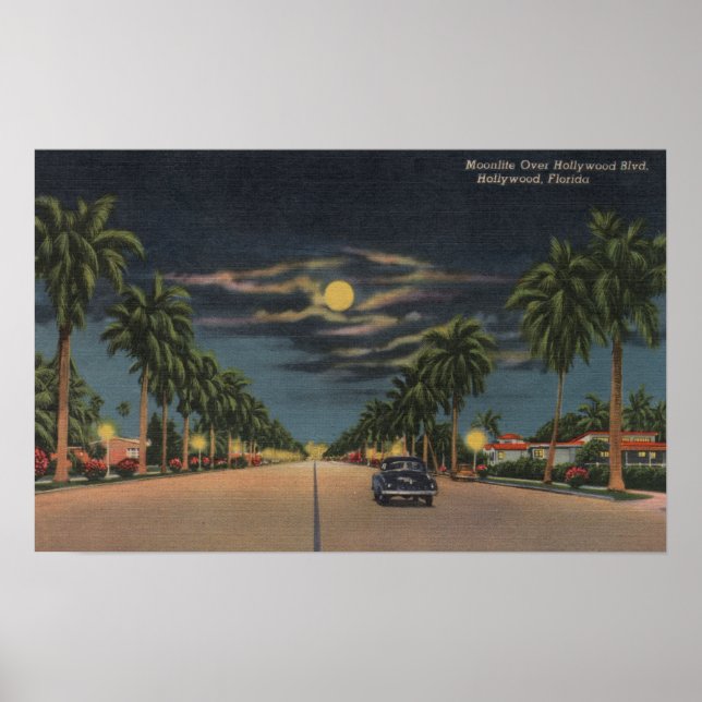 Affiches Hollywood, FL - Lune vue sur Hollywood (Devant)