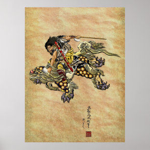Affiches Hommage à Hokusai - Shoki équitation Shishi Lion