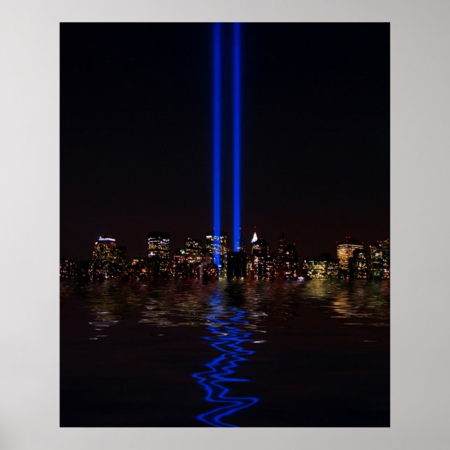 Affiches Hommage au World Trade Center en lumière la nuit (Devant)