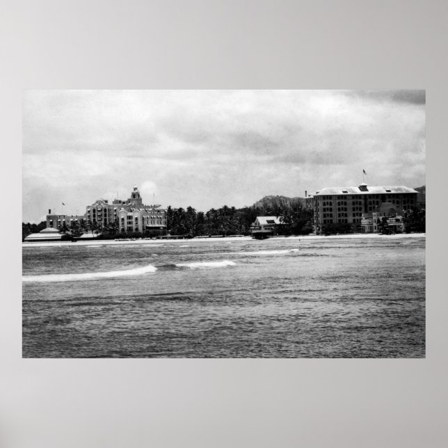 Affiches Honolulu, HA - Vue de Moana & Royal Hawaiian (Devant)