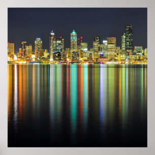 Affiches Horizon de Seattle la nuit avec la réflexion