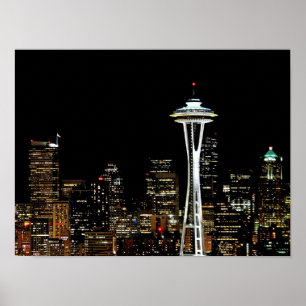 Affiches Horizon de Seattle la nuit, avec l'aiguille de