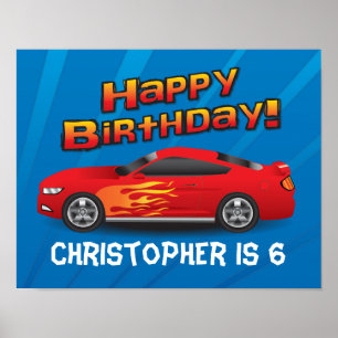 Affiches Hot Red Race Car avec Flames Boy's Birthday Party