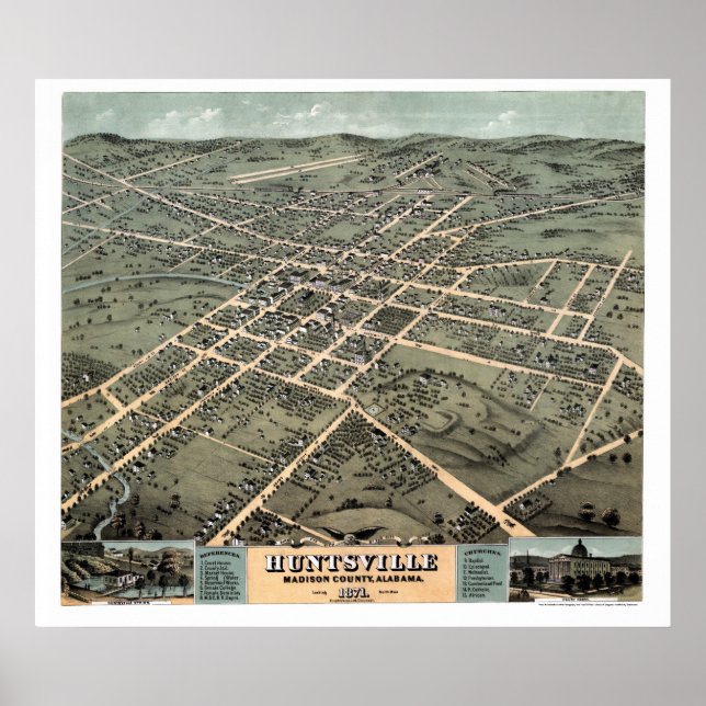 Affiches Huntsville, AL Carte panoramique - 1871 (Devant)