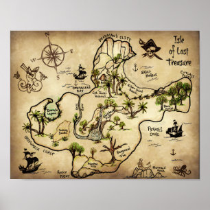 Affiches Île de Lost Treasure Carte avec Jolly roger