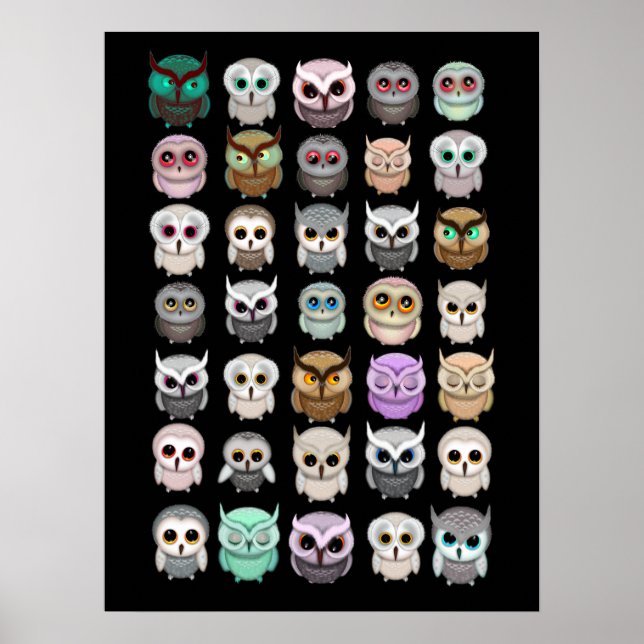 Affiches Illustrations de petits hiboux mignons (Devant)