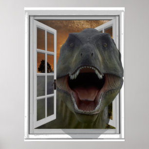 Affiches Image 3D d'effet de fenêtre fausse de T-Rex dinosa