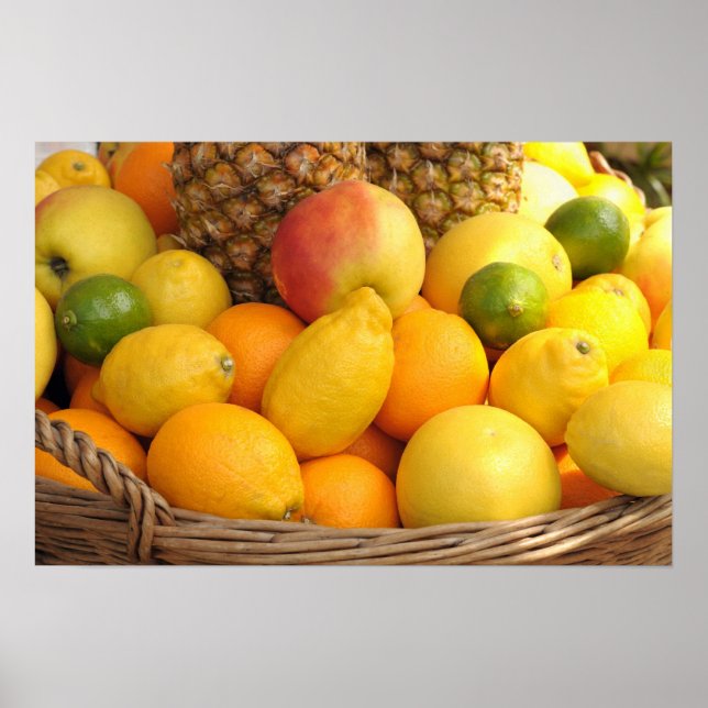 Affiches Image rapprochée d'un panier avec des fruits (Devant)