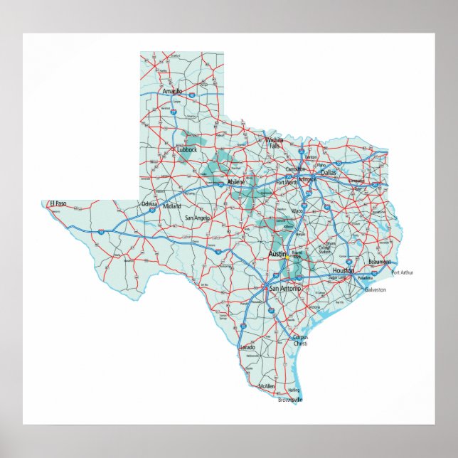 Affiches Imprimer la carte inter-États du Texas (Devant)