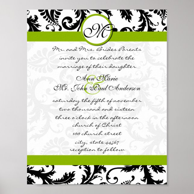 Affiches Invitation Apple Green Black Mariage damassé (Devant)