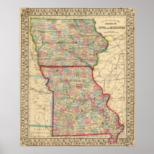 Affiches Iowa, Missouri Carte par Mitchell (Devant)