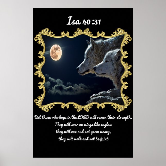 Affiches Isa 40:31 Loups regardant la pleine lune. (Devant)