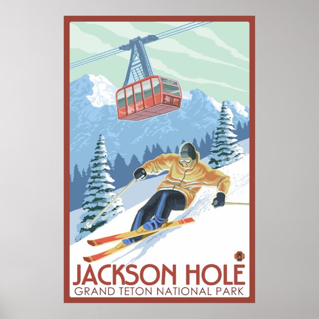 Affiches Jackson Hole, Wyoming - Skier et Tramway (Devant)