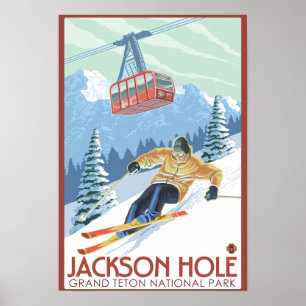 Affiches Jackson Hole, Wyoming Skier et Tramway