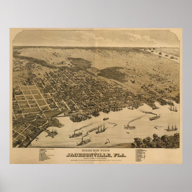 Affiches Jacksonville, FL Birdseye Map, Circe 1874 (Devant)