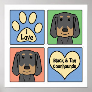 Affiches J'aime les Coonhounds noirs et bronzages