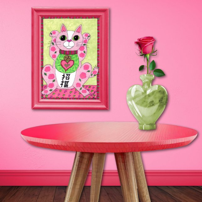 Affiches Japonais rose Lucky Chat Maneki Neko Folk Art (Créateur téléchargé)
