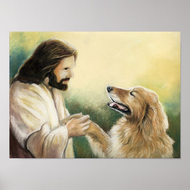 Affiches Jésus et Golden Retriever Dog Art Imprimer (Devant)