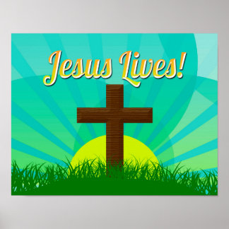 Affiches Jésus vit en bleu/Brown Croix de Pâques chrétienne